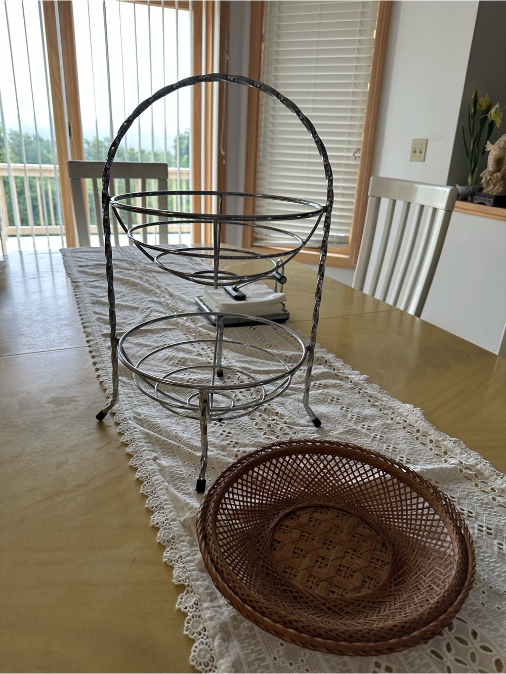 Two-Tier Metal Fruit Basket Stand with Wicker Basket - Silver and Brown